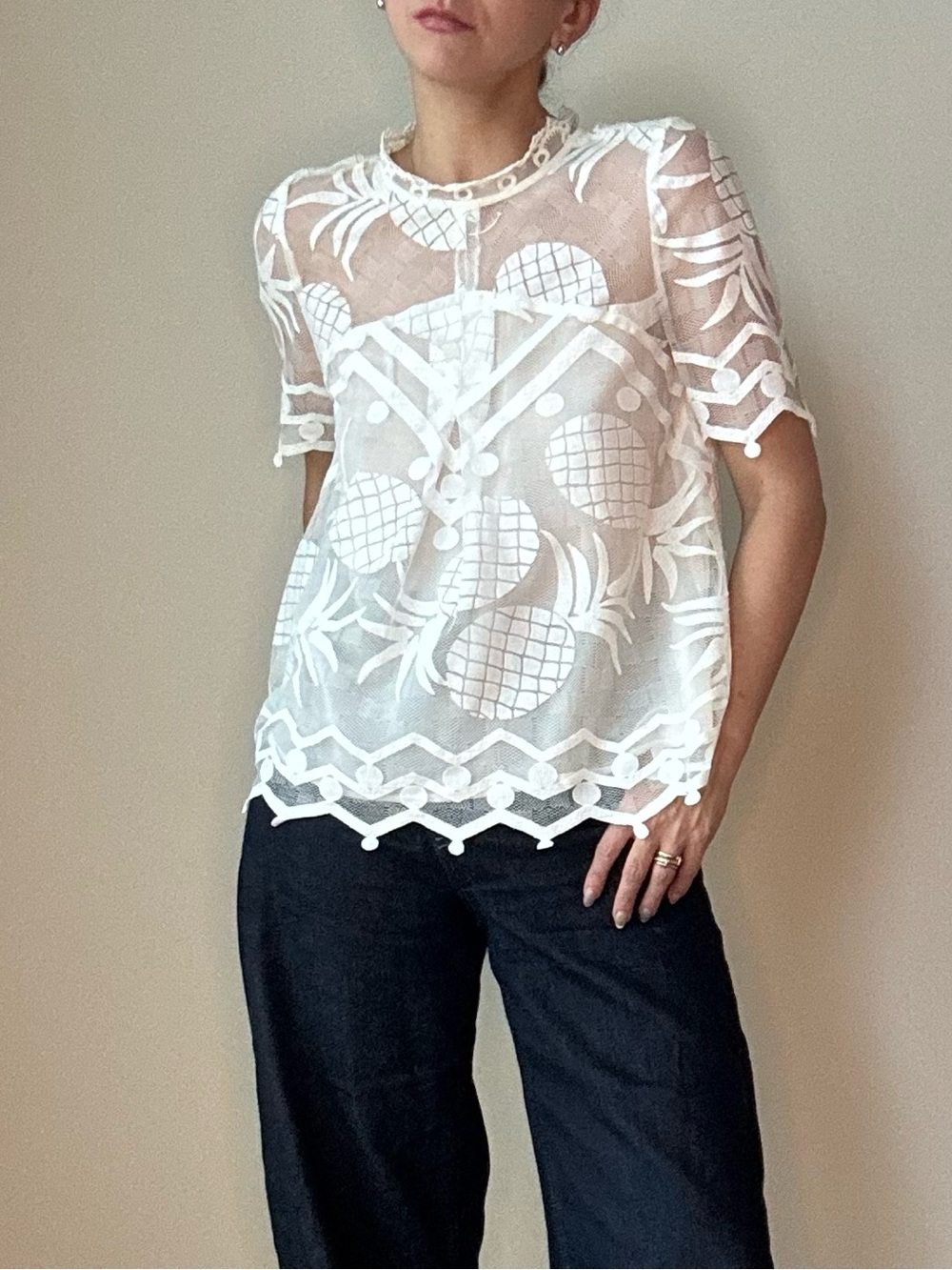White Sheer Pineapple Lace Top - Women